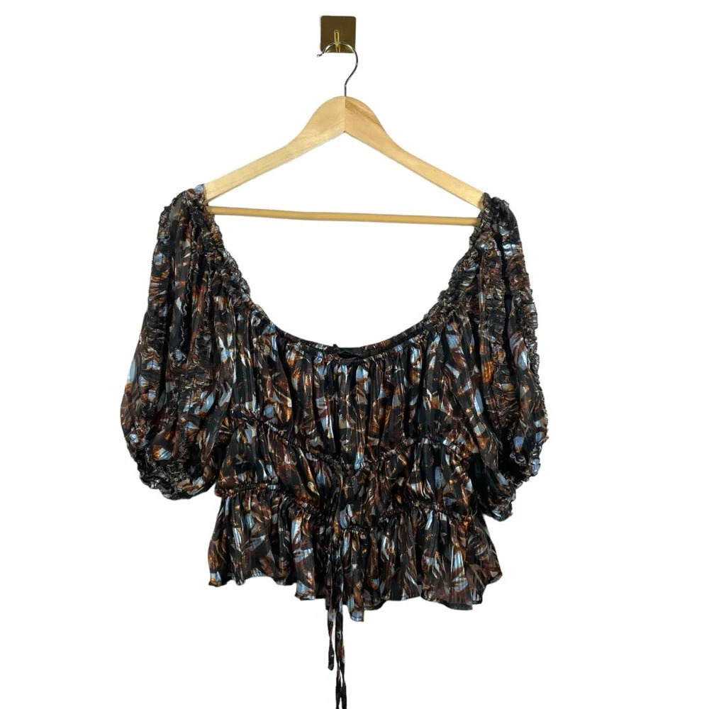House of Harlow 1960 Revolve Metallic Puff Sleeve Peplum Blouse Size L